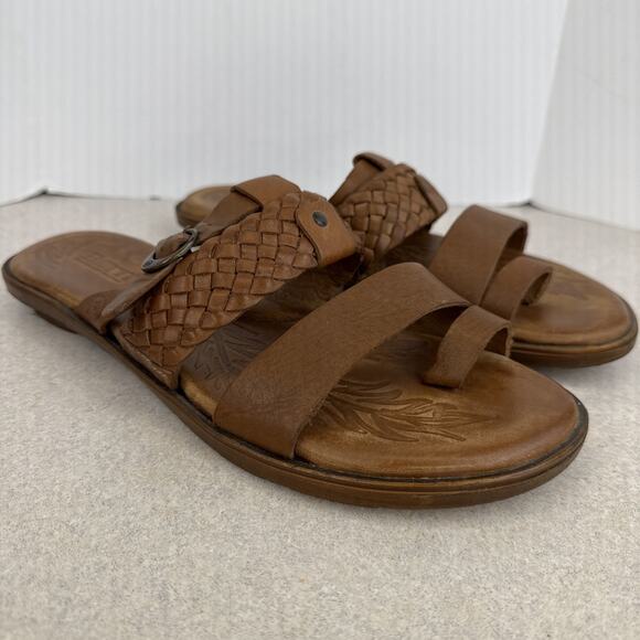 Women’s Born Brown Leather Strappy Slip On Buckle Thongs Sandals Size 9 - Picture 1 of 9